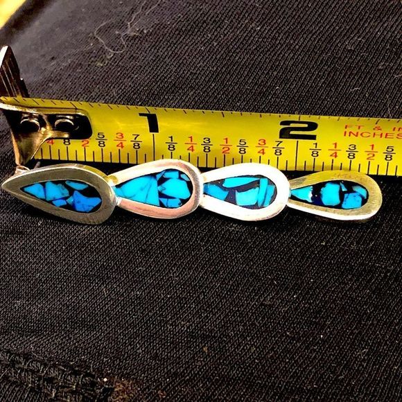 TAXCO Crushed Blue Turquoise Inlay Linear Drop Dangle Sterling Silver Earrings - Picture 3 of 7